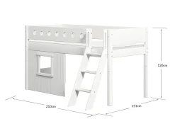 Mittelhohes Bett, mit Schrägleiter & Baumhaus-Bettenfronten, weiß